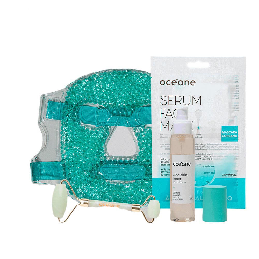 Kit Tônico Facial + Massageador Facial Jade Roller + Máscara Facial de Ácido Hialurônico + Máscara Facial Esferas em Gel