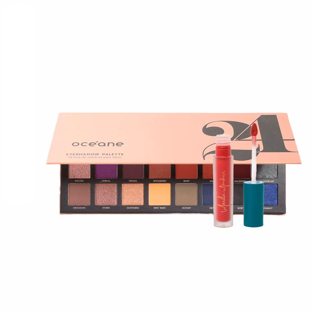 Kit Océane Paleta De Sombras 24 Cores + Batom Líquido Vermelho