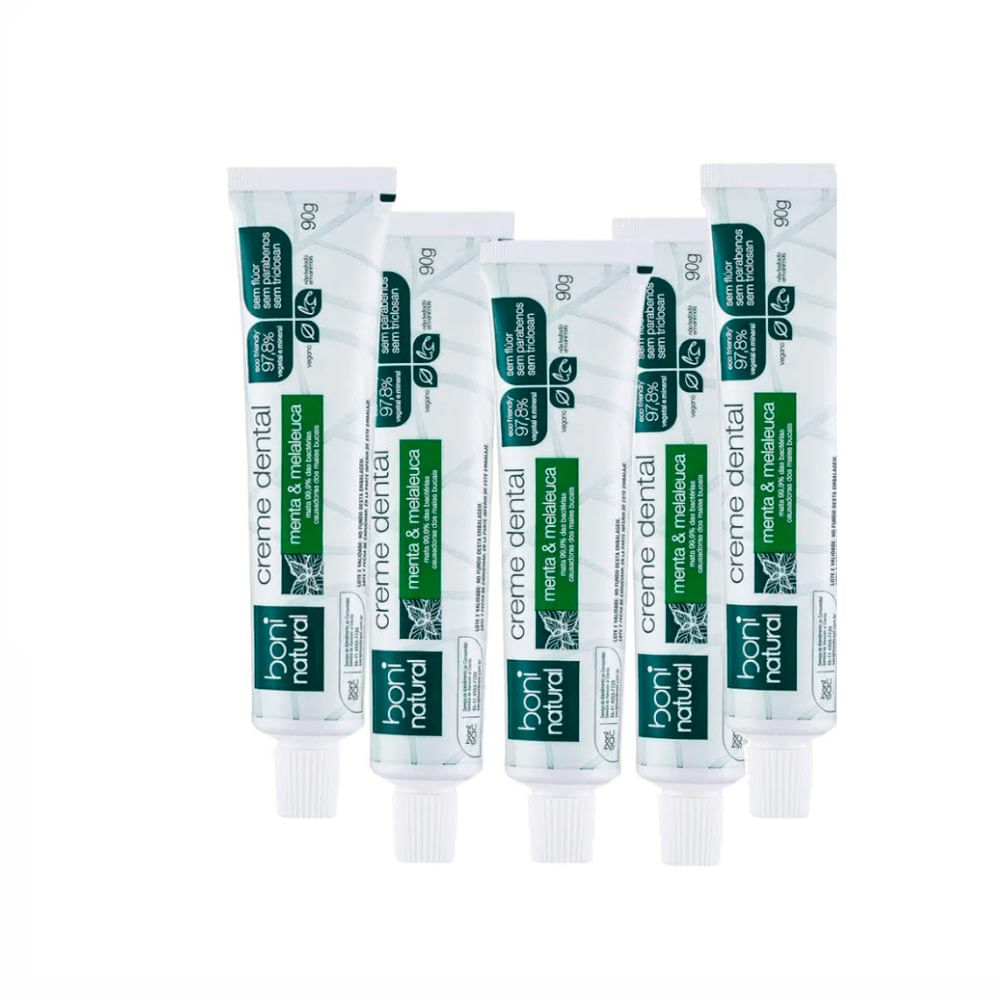 Kit Boni Natural 5 Pasta Dental Natural Menta E Melaleuca Sem Flúor 90g