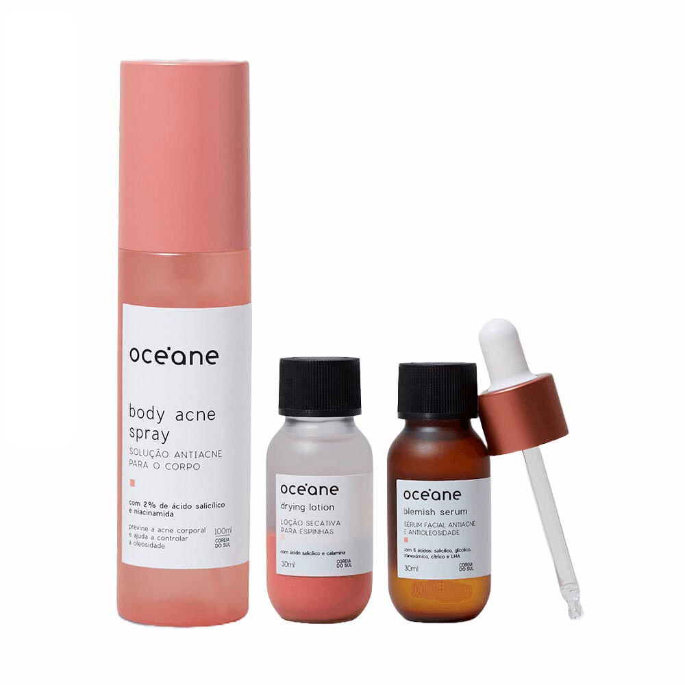 Kit Antiacne Corporal e Facial - Sérum Antiacne + Loção Secativa De Espinhas + Solução Antiacne Para o Corpo