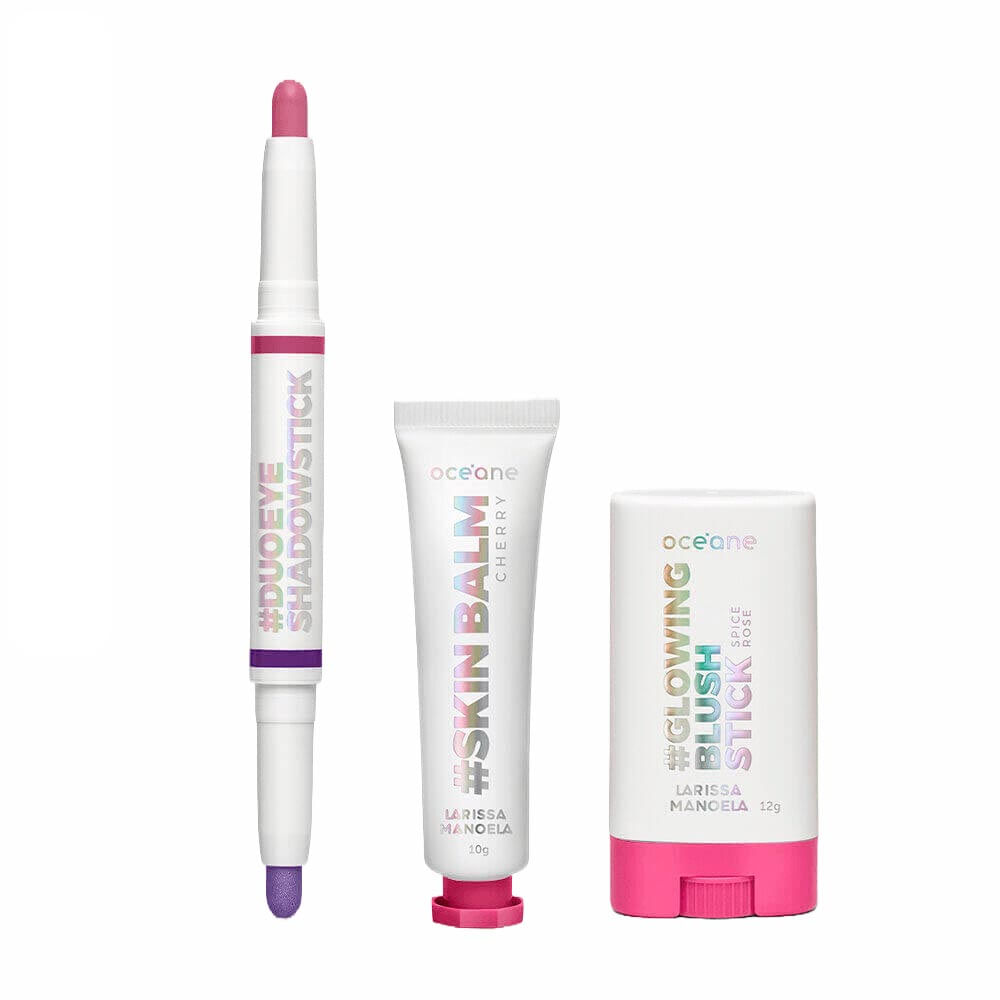 Kit Sombra Dupla Bastão Rosa e Roxa + Hidratante Labial + Blush em Bastão Larissa Manoela By Océane