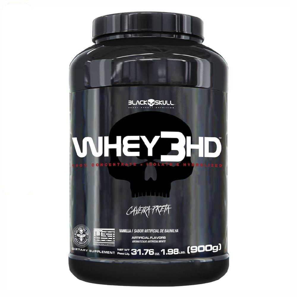 WHEY 3 HD BAUNILHA 900G (WPC WPI E WPH) CAVEIRA PRETA