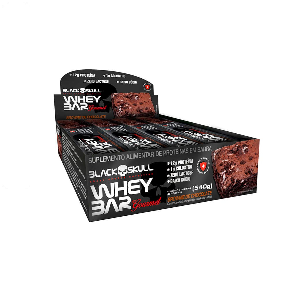 Barrinha Proteica Gourmet com Colostro Black Skull 12 unidades Sabor Brownie de Chocolate
