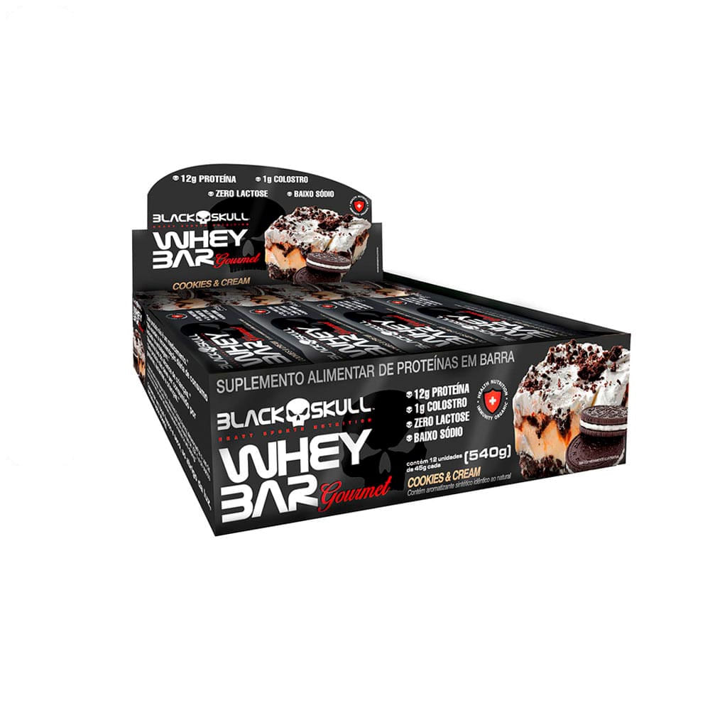 Barrinha Proteica Gourmet com Colostro Black Skull 12 unidades Sabor Cookies & Cream