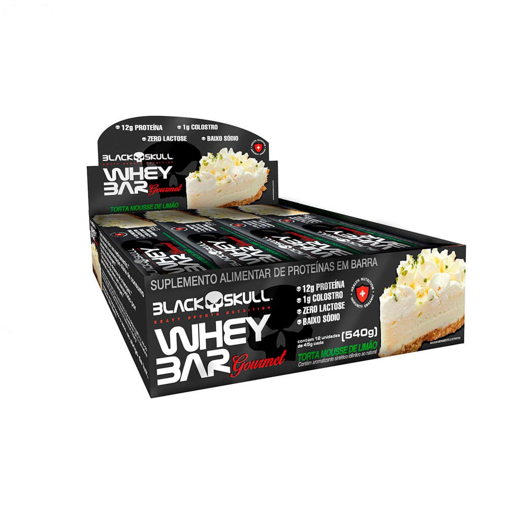 Barrinha Proteica Gourmet com Colostro Black Skull 12 unidades Sabor Torta Mousse de Limão