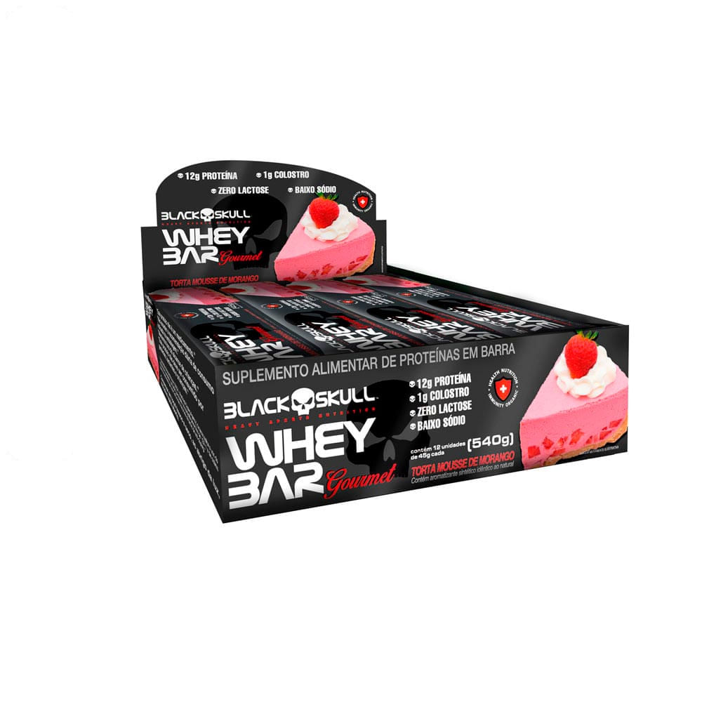 Barrinha Proteica Gourmet com Colostro Black Skull 12 unidades Sabor Torta de Mousse de Morango