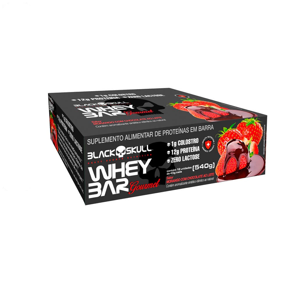 Barrinha Proteica Gourmet com Colostro Black Skull 12 unidades Sabor Morango com Chocolate