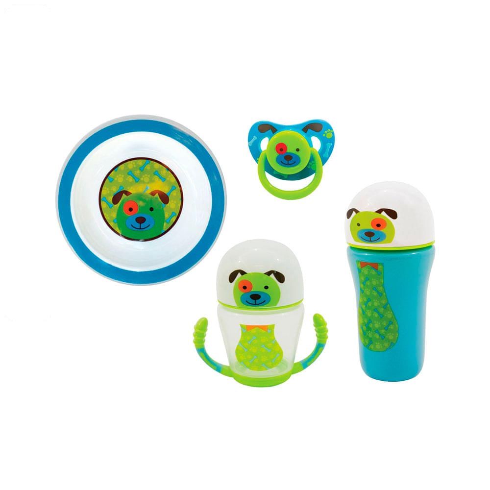 Kit Refeição Infantil Com Prato Copos e Chupeta Azul Kitstar
