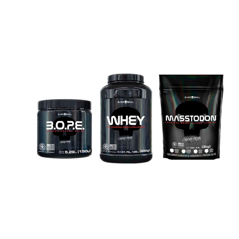 Kit Suplementação Black Skull: Hipercalórico (Morango) + Whey (Chocolate) + Pré Treino (Limão)