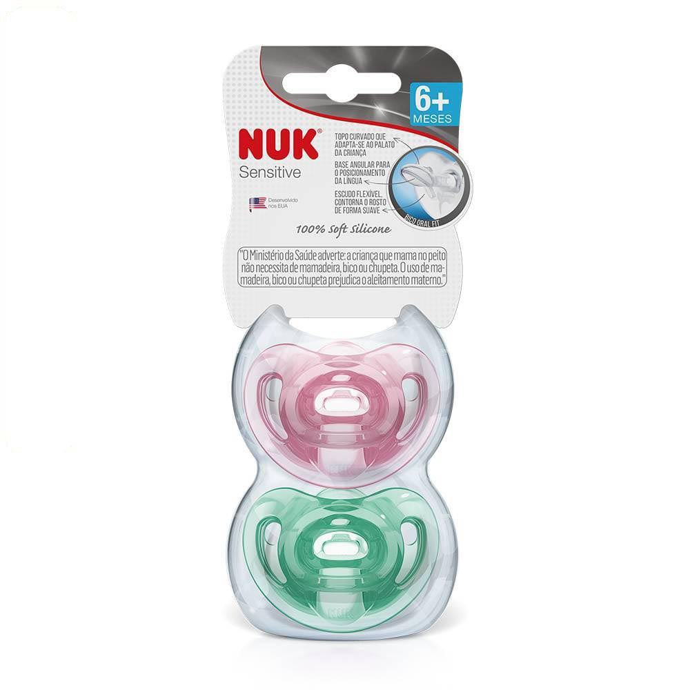 Chupetas Nuk Sensitive Soft Girl S2 100% Silicone 2 Unidades Rosa e Verde