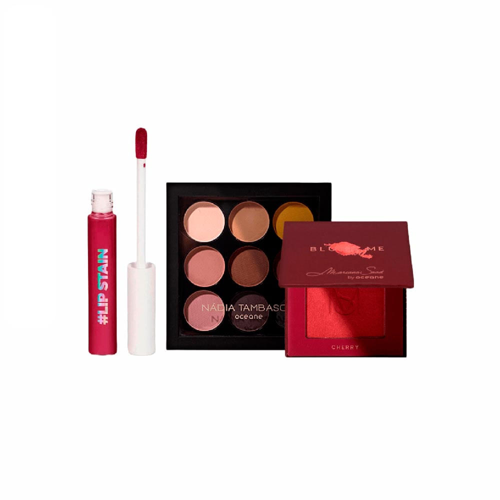 Kit Paleta de Sombras To Go Matte + Blush Vermelho + Batom Líquido Bordô Océane
