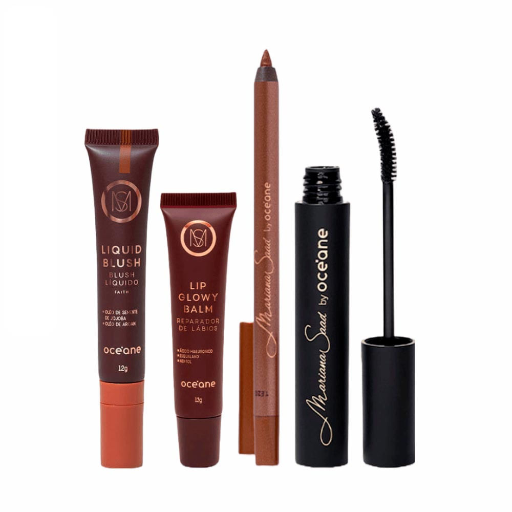 Kit Blush Líquido + Reparador Labial + Lápis de Olhos + Máscara de Cílios Mariana Saad By Océane