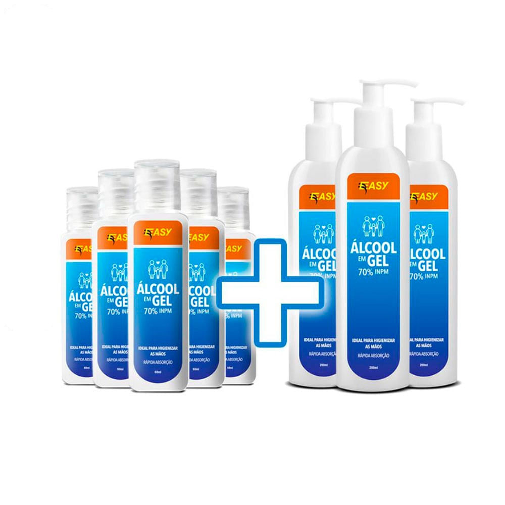 COMBO MULTI: 05 Unidades Álcool em Gel Easy 60ml + 03 Unidades Álcool em Gel Easy 200ml