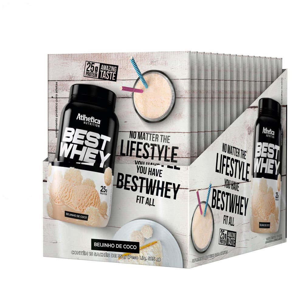 Suplemento Alimentar Best Whey Protein Beijinho de Coco Atlhetica Nutrition Display 15 Sachês de 35g