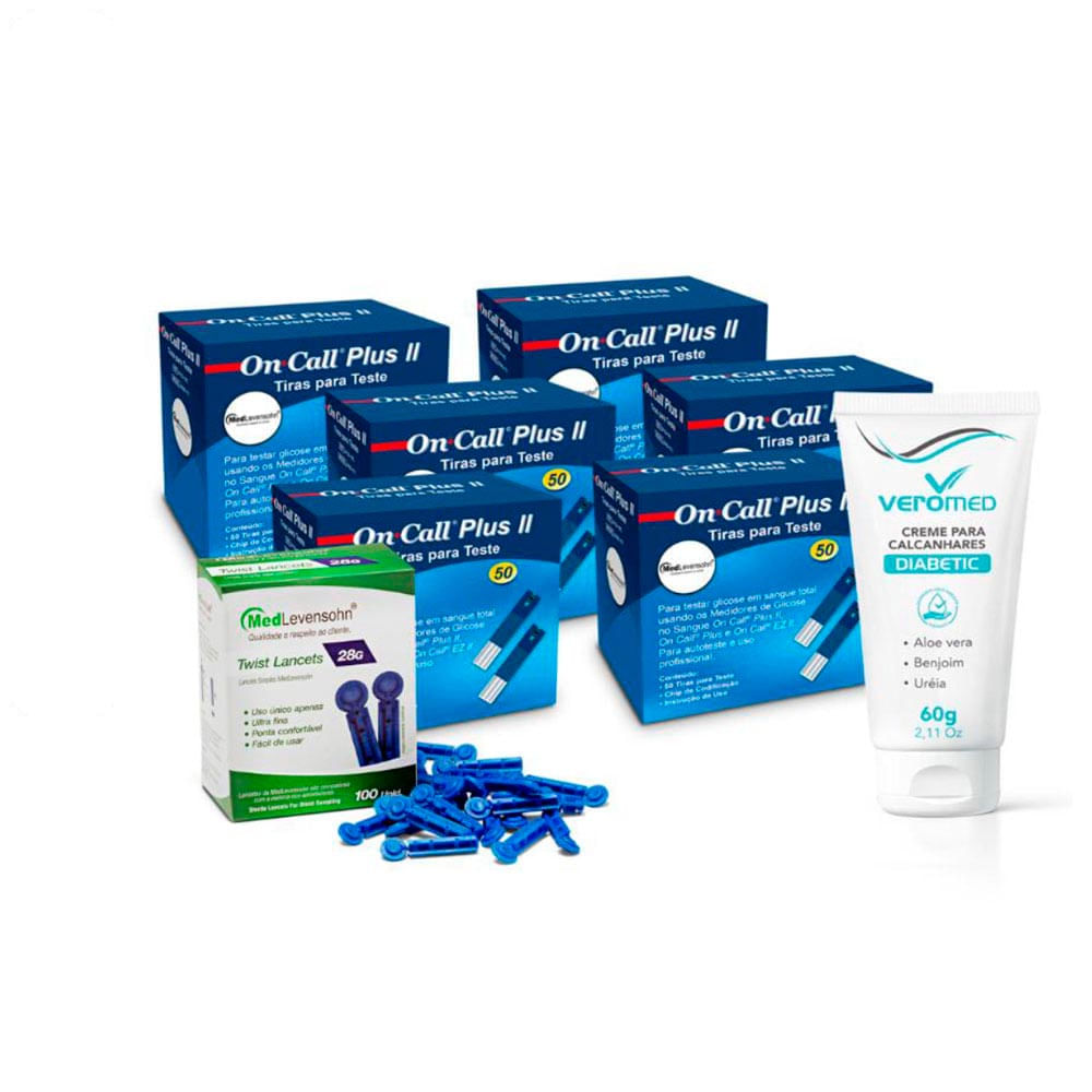Kit Diabetes 300 Tiras On Call Plus II + 100 Lancetas + 1 Creme de Calcanhar Veromed