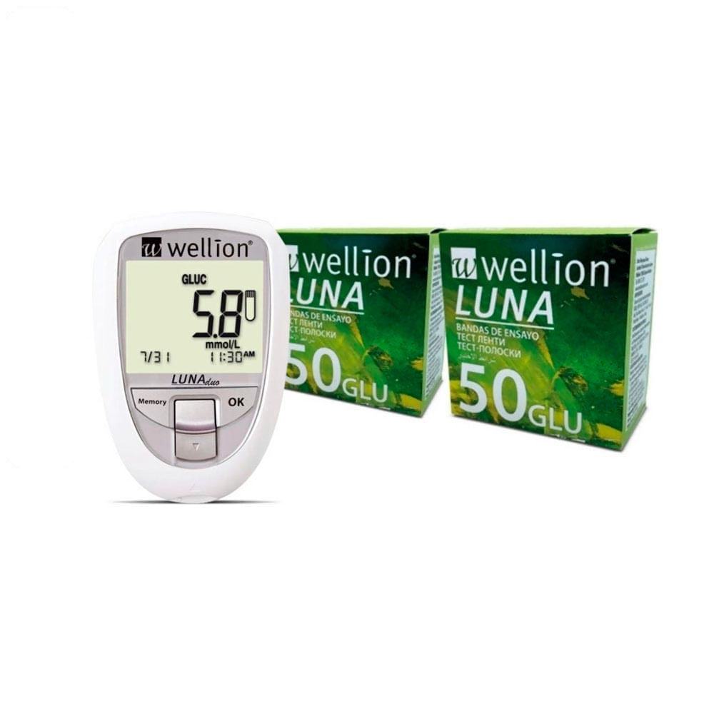 Medidor de Glicose Luna Branco + 100 Tiras de Glicose Wellion
