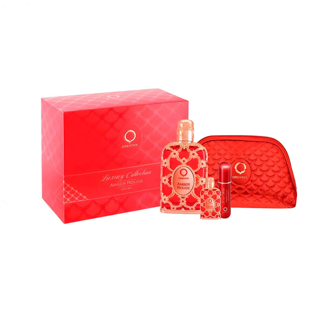 Kit Árabe Orientica Amber Rouge Eau De Parfum 80ml + Miniatura 7,5ml + Atomizer + Necessaire
