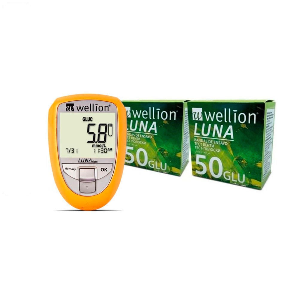 Medidor de Glicose Luna Amarelo + 100 Tiras de Glicose Wellion