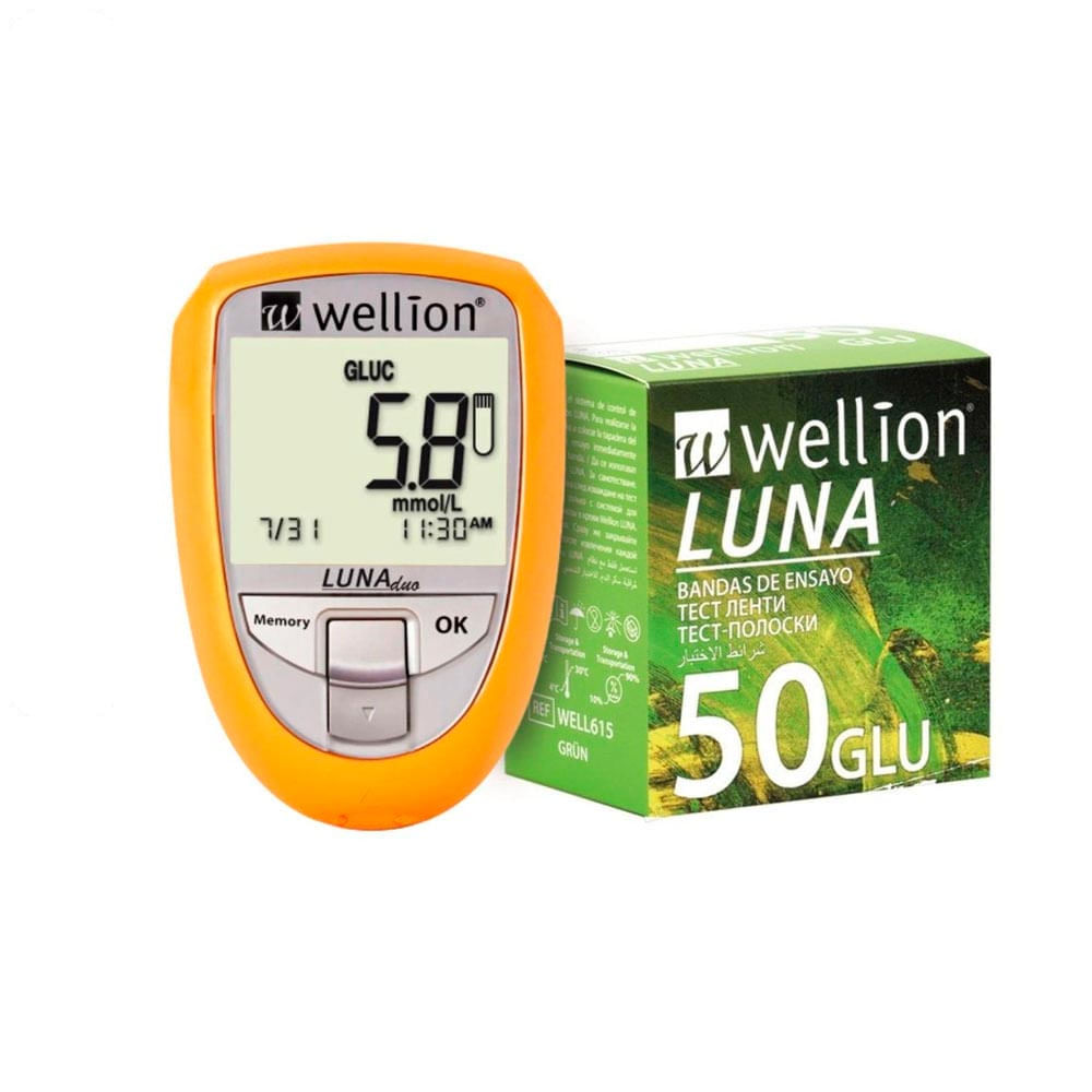 Medidor de Glicose Luna Amarelo + 50 Tiras de Glicose Wellion