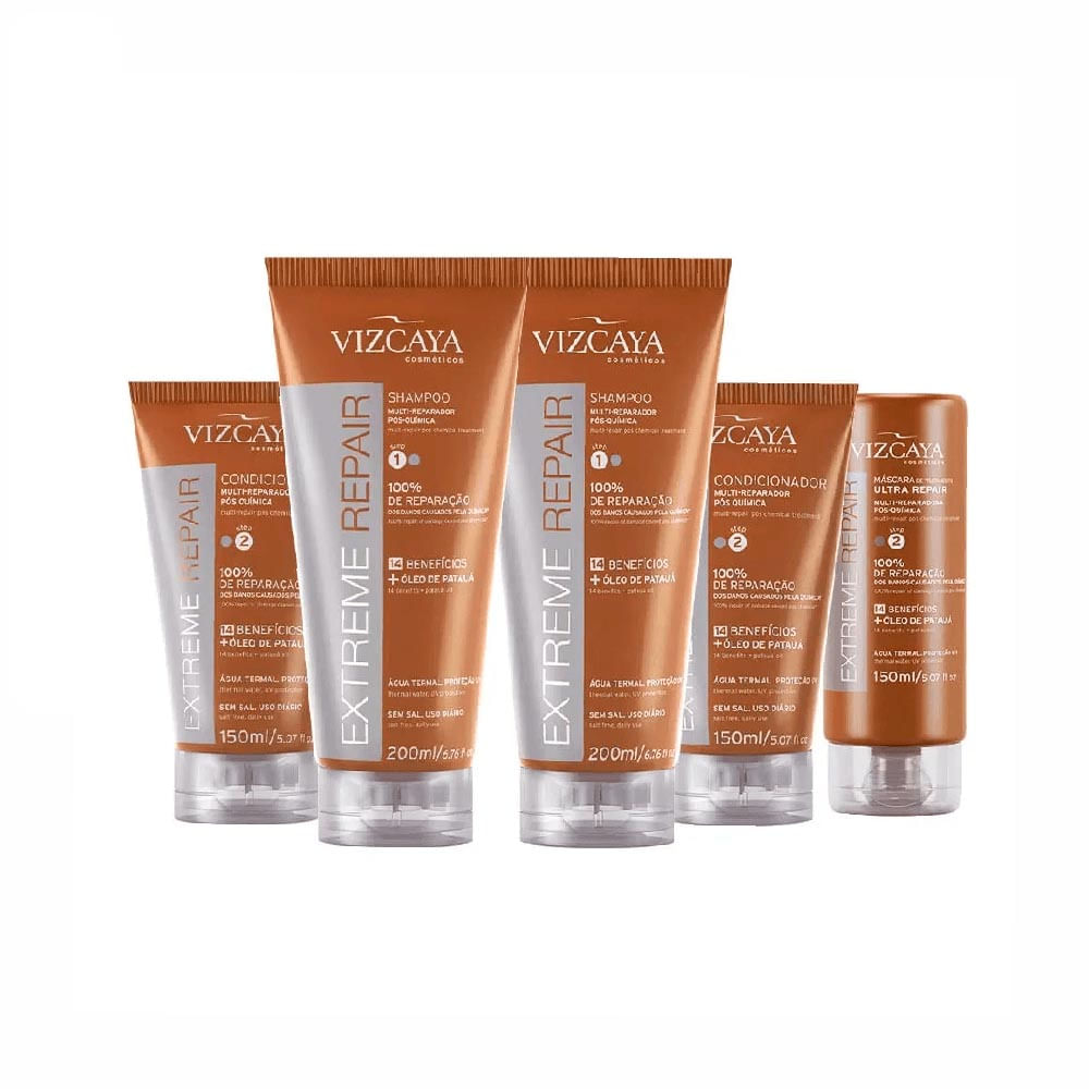 Kit com 2 Shampoos 200ml + 2 Condicionadores 150ml + Máscara de Tratamento 150ml Extreme Repair Vizcaya