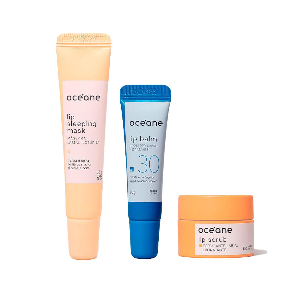 Kit Océane Protetor Labial Hidratante + Máscara Labial Noturna + Esfoliante Labial