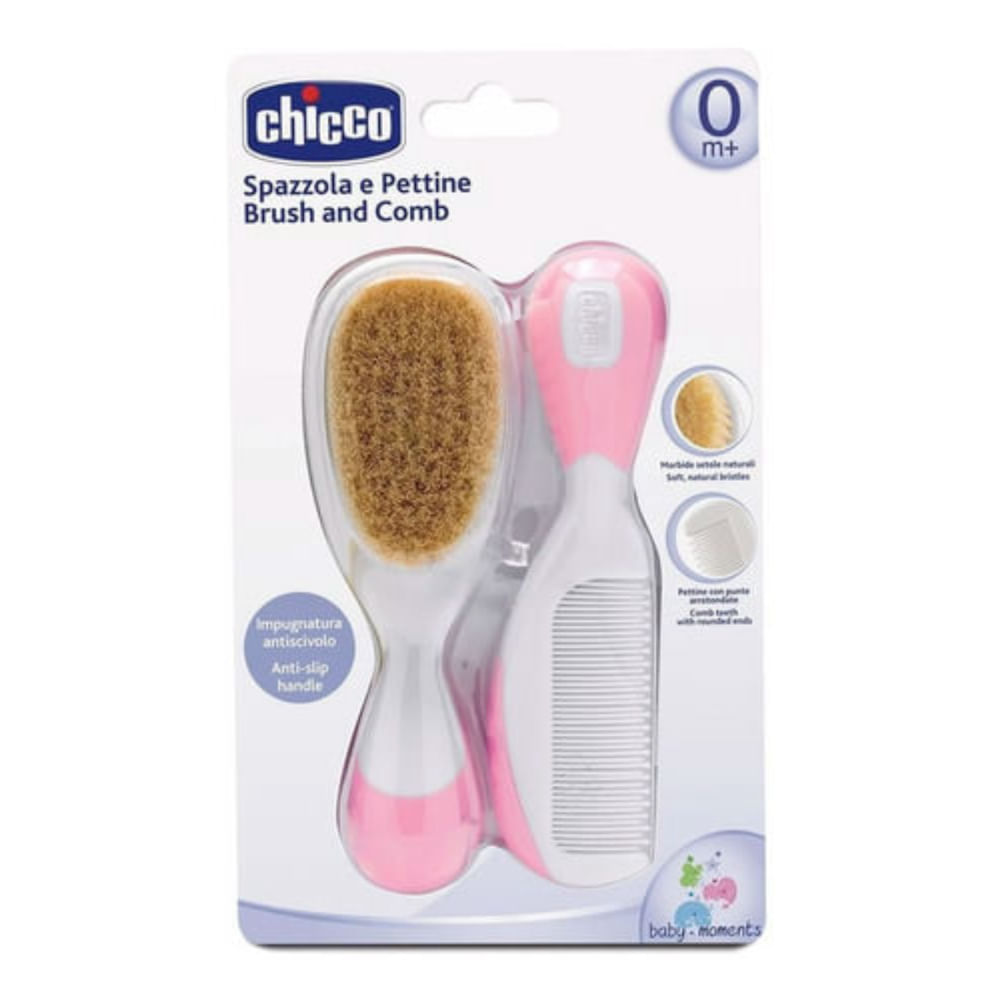 Escova e Pente de Cerdas Naturais Chicco Rosa