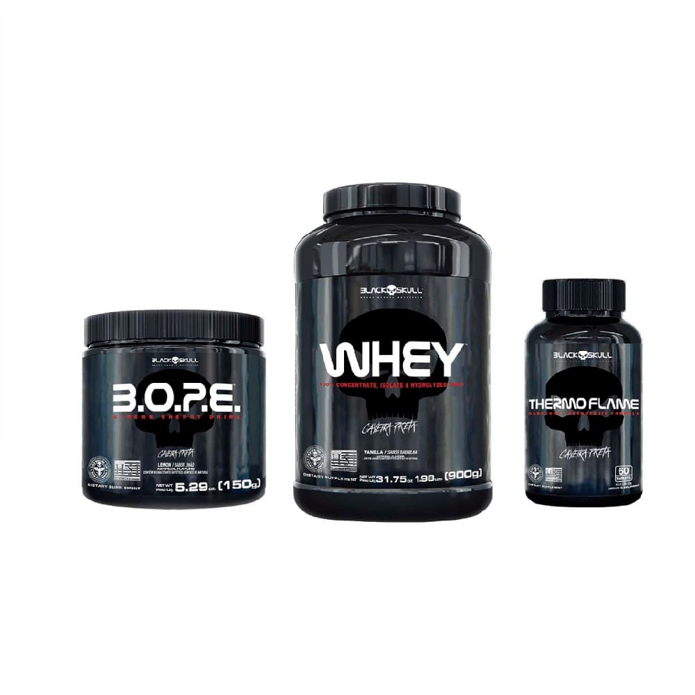 KIT DE SUPLEMENTOS ALIMENTARES WHEY + PRÉ-TREINO BOPE + TERMOGÊNICO (MORANGO E LIMÃO)