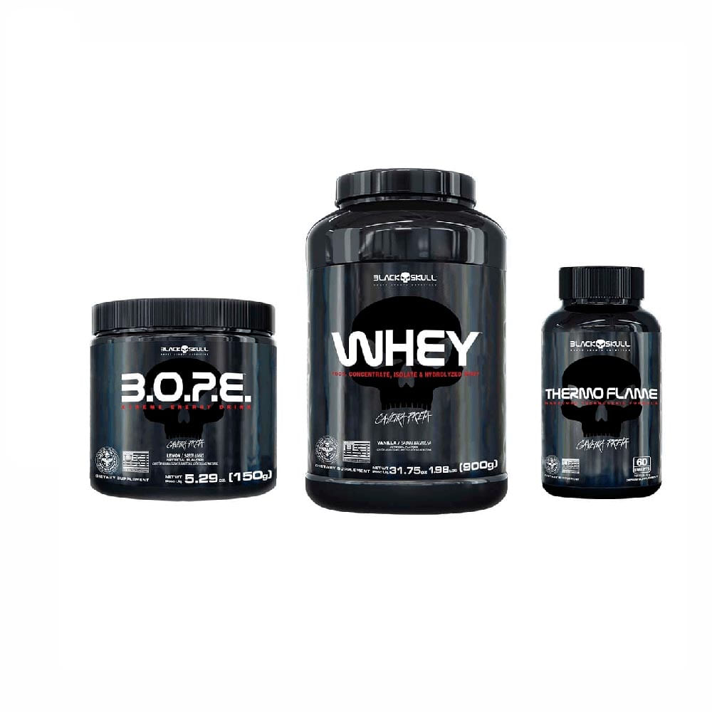 KIT DE SUPLEMENTOS ALIMENTARES WHEY + PRÉ-TREINO BOPE + TERMOGÊNICO BLACK SKULL (CHOCOLATE E LIMÃO)