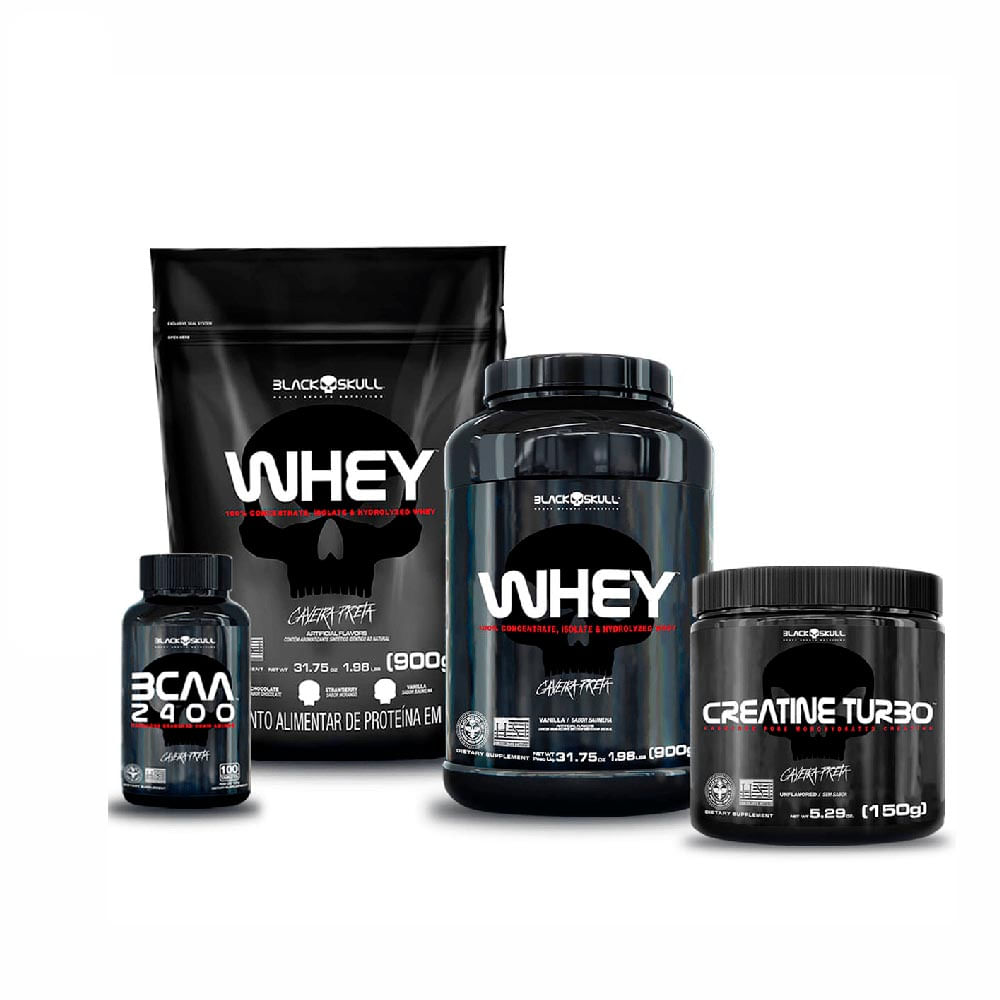 SUPLEMENTOS ALIMENTARES KIT WHEY 2X + BCAA + CREATINA BLACK SKULL (BAUNILHA E BAUNILHA)