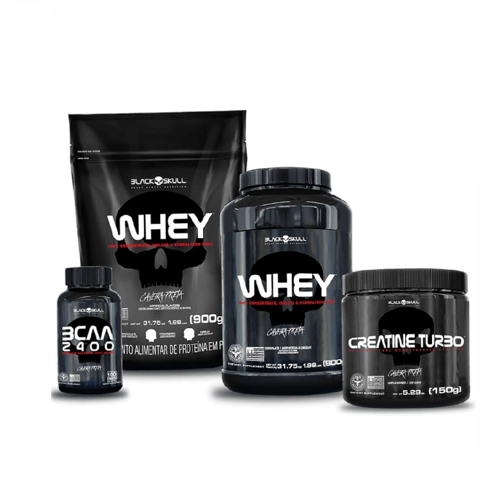 SUPLEMENTOS ALIMENTARES KIT WHEY 2X + BCAA + CREATINA BLACK SKULL (BAUNILHA E CHOCOLATE)