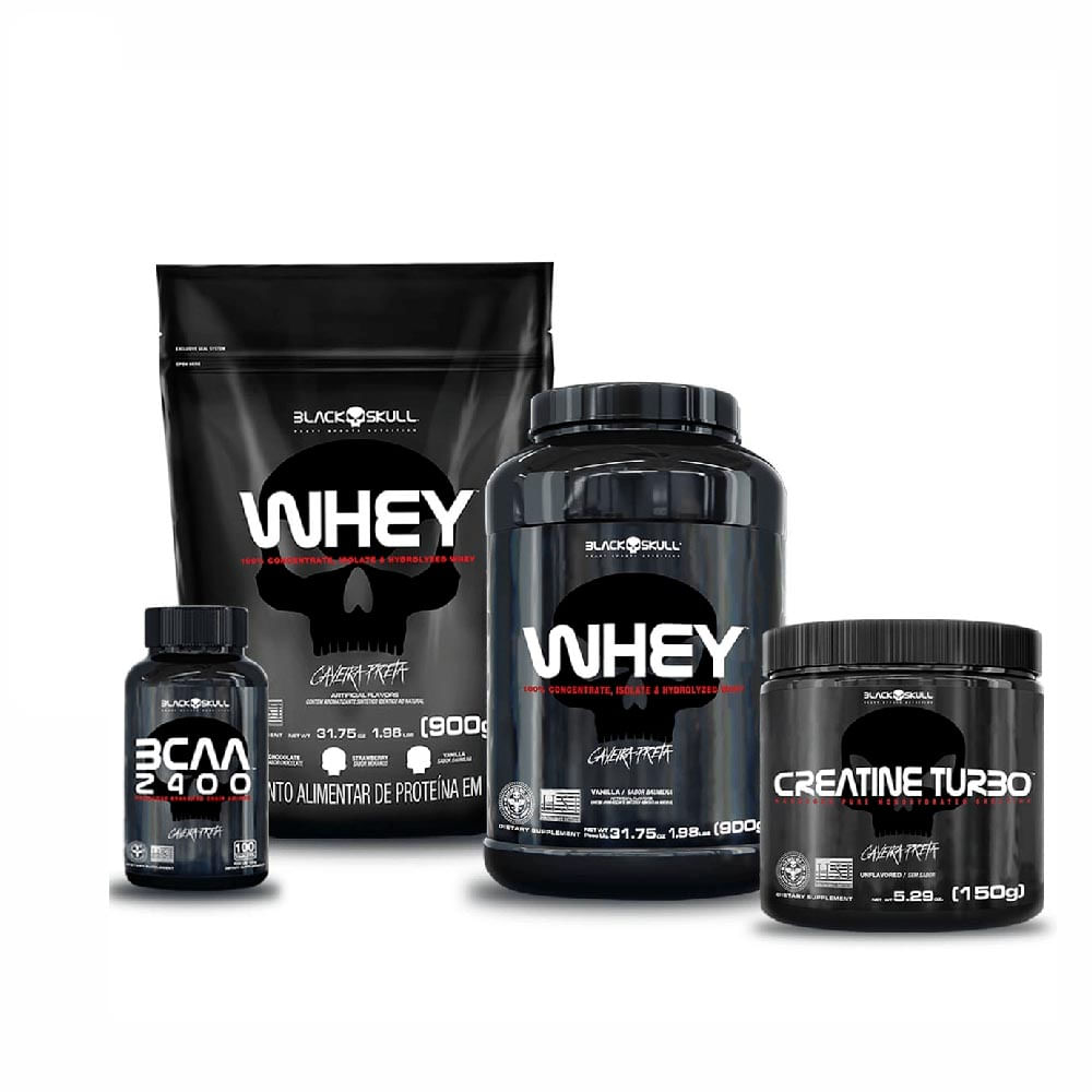 SUPLEMENTOS ALIMENTARES KIT WHEY 2X + BCAA + CREATINA BLACK SKULL (MORANGO E BAUNILHA)