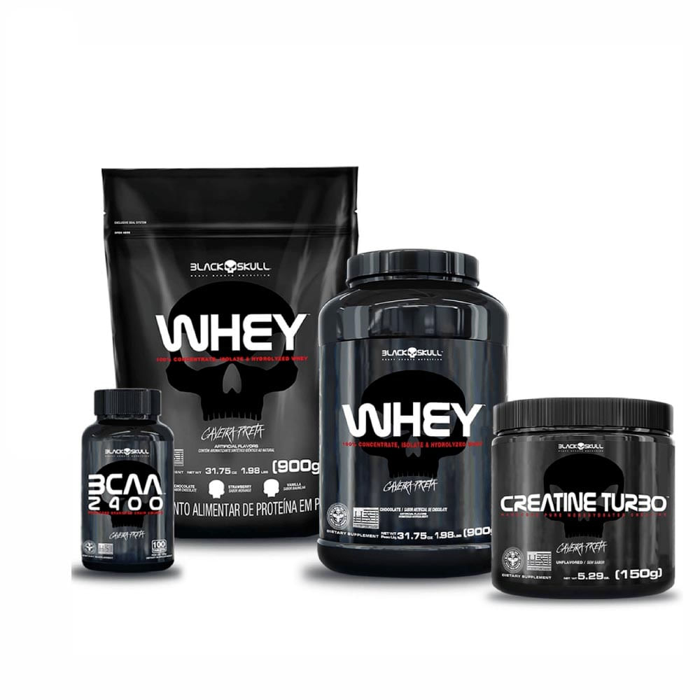 SUPLEMENTOS ALIMENTARES KIT WHEY 2X + BCAA + CREATINA BLACK SKULL (CHOCOLATE E CHOCOLATE)