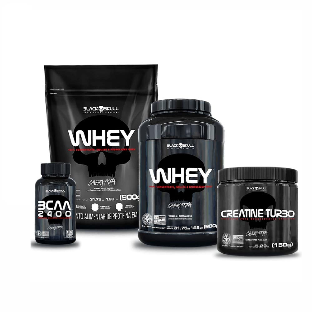 SUPLEMENTOS ALIMENTARES KIT WHEY 2X + BCAA + CREATINA BLACK SKULL (CHOCOLATE E BAUNILHA)