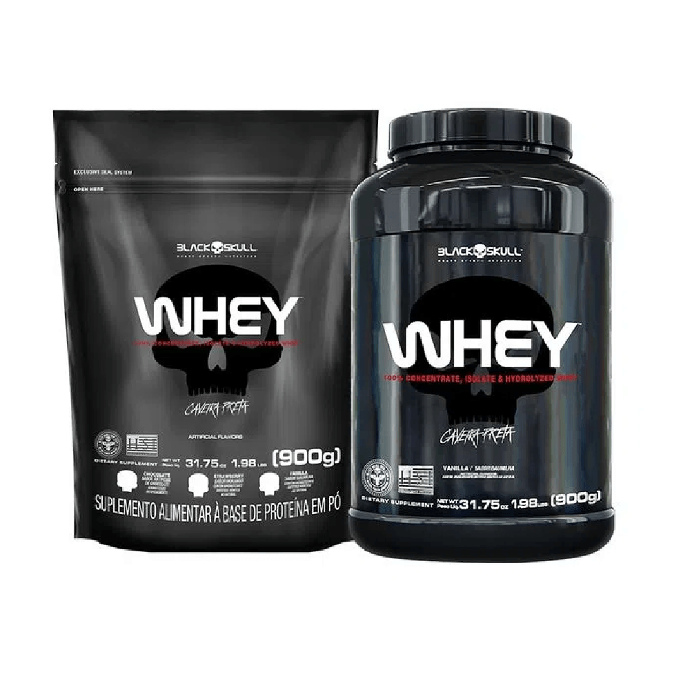 KIT DE SUPLEMENTOS ALIMENTARES WHEY 2X BLACK SKULL 900G (BAUNILHA E MORANGO)