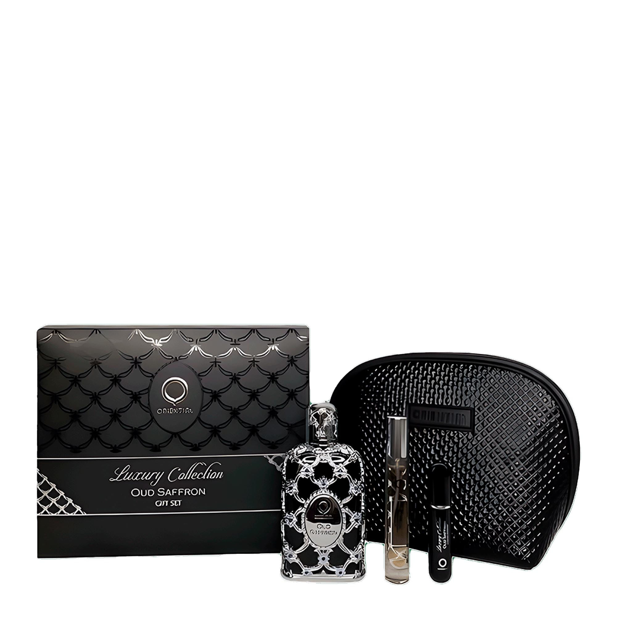 Kit Árabe Oud Saffron Orientica Perfume Unissex Eau De Parfum 80ml + Miniatura 7,5ml + Atomizer + Necessaire