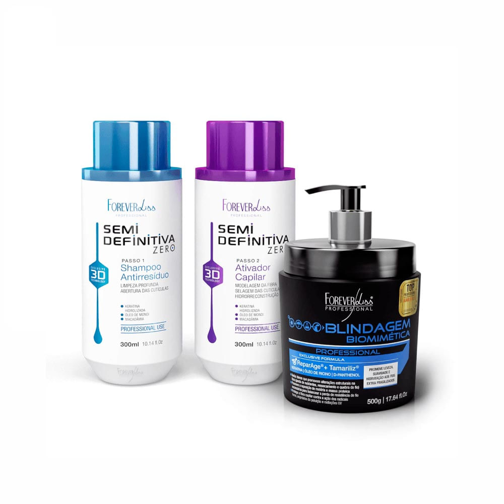 Kit Escova Semi Definitiva Zero 300ml com Blindagem Capilar Forever Liss