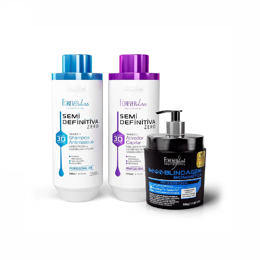 Kit Escova Semi Definitiva Zero 900ml com Blindagem Capilar Forever Liss
