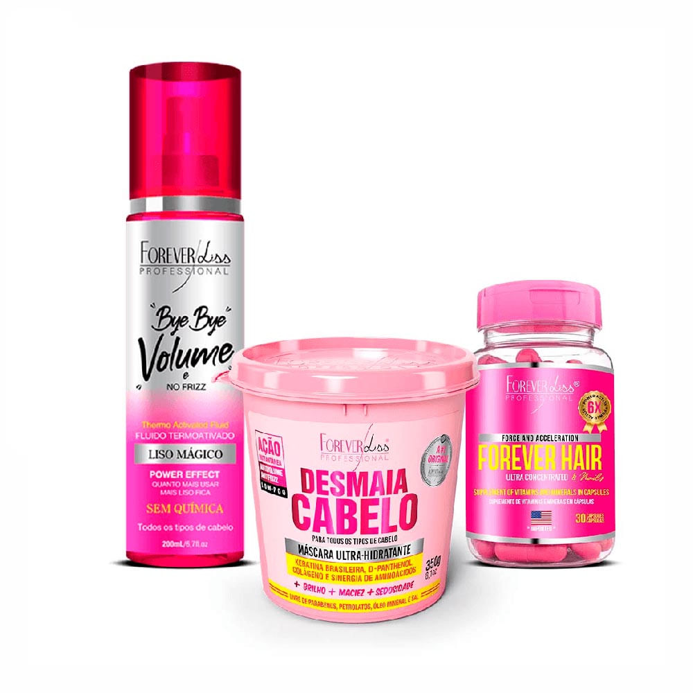 Kit Cabelão Sem Frizz com Desmaia Cabelo Bye Bye Volume e Forever Hair Forever Liss