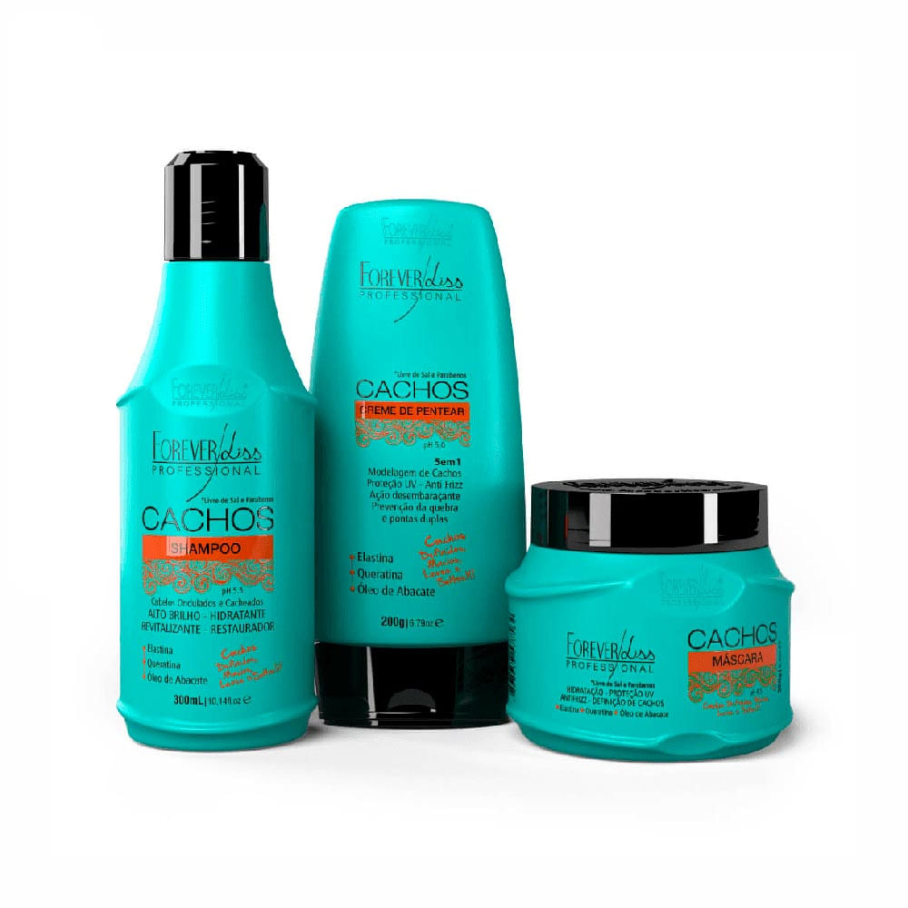 Kit Cachos com Shampoo, Máscara 250g e Creme de Pentear Forever Liss