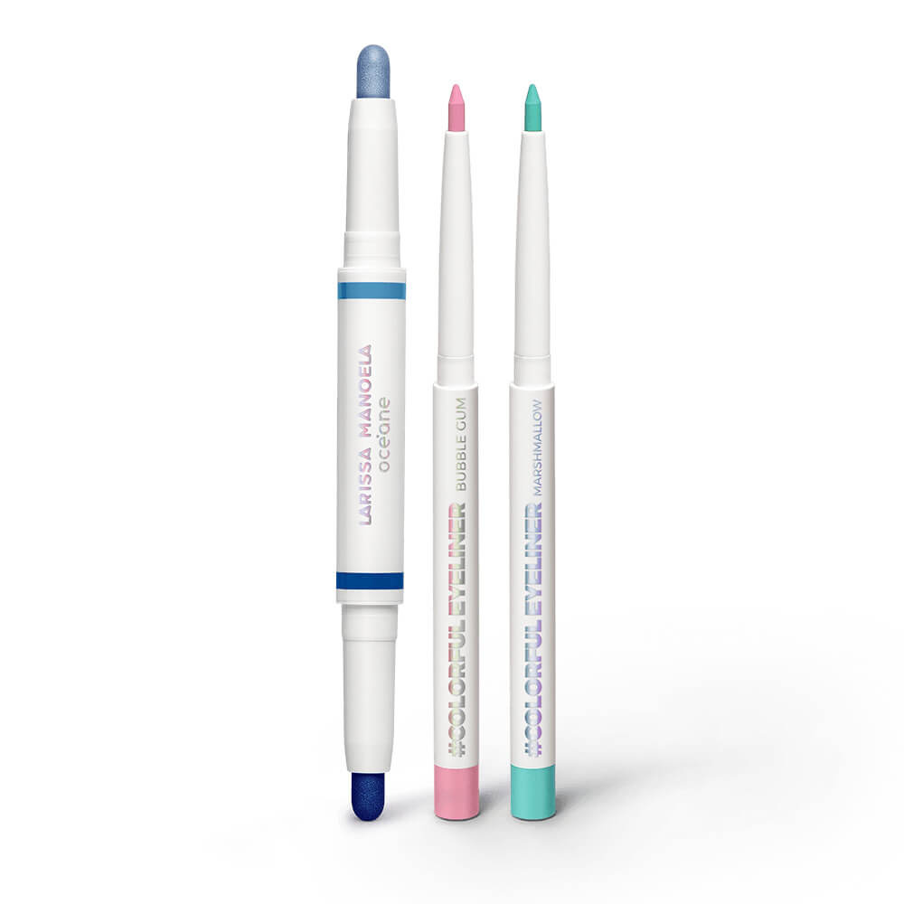 Kit Sombra em Bastão Dupla Azul Claro e Azul Marinho + Lápis Delineador Rosa + Lápis Delineador Azul Larissa Manoela By Océane (3 Produtos)