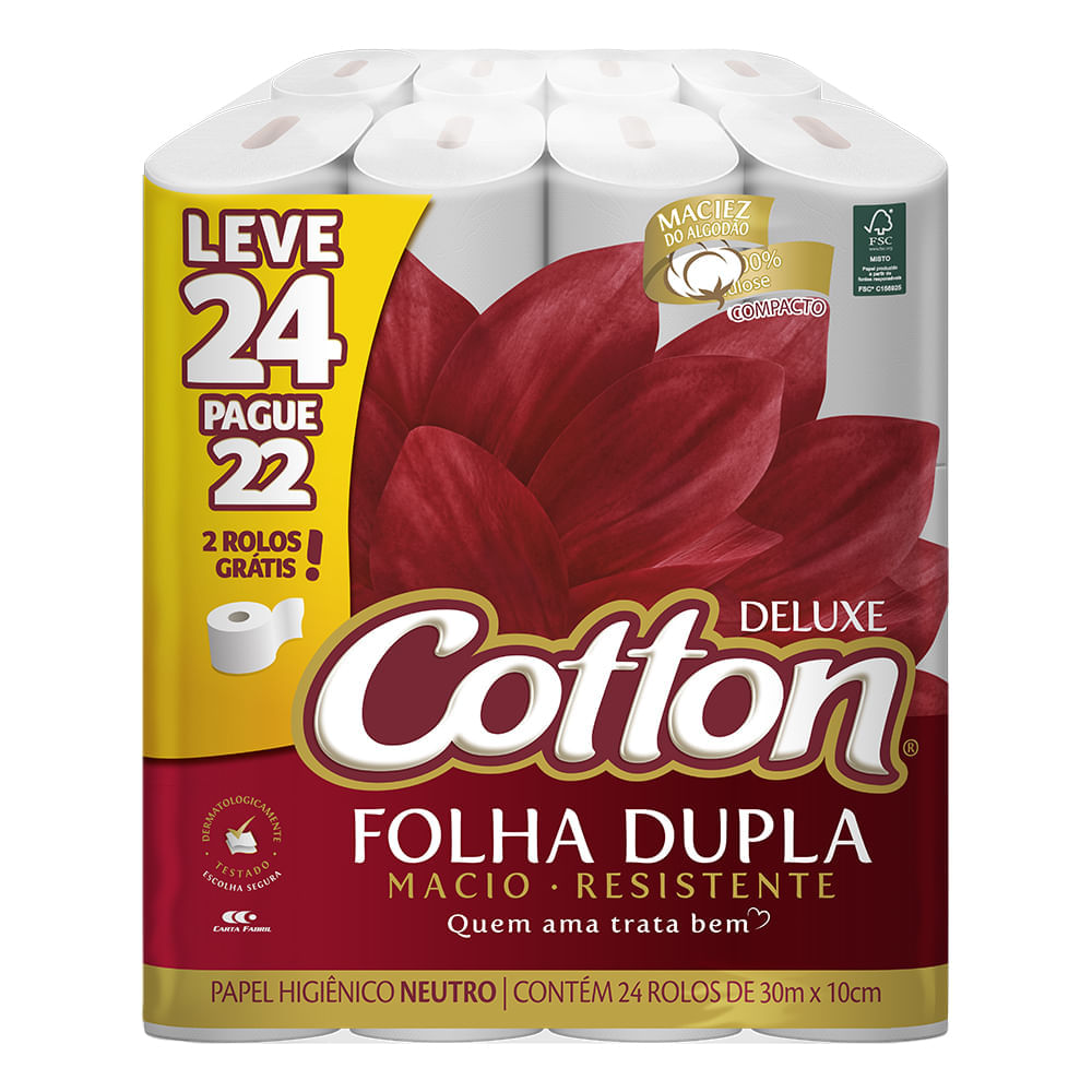 Papel Higienico Folha Dupla 30m Cotton com 24 Rolos
