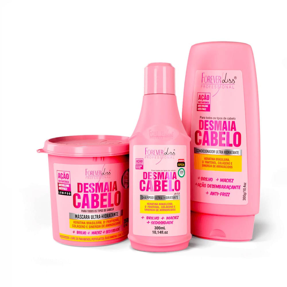 Kit Desmaia Cabelo com Shampoo 300ml, Máscara 350g  e Condicionador Forever Liss