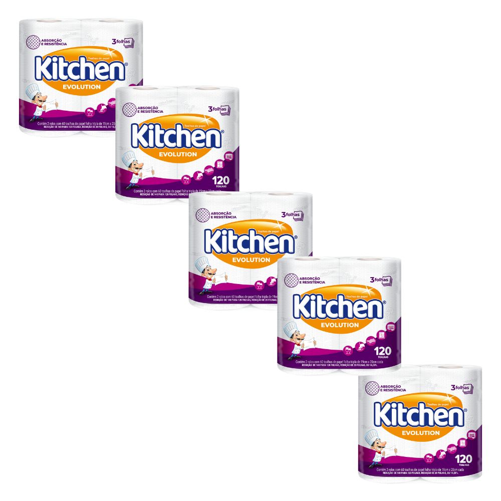 Kit Papel Toalha Folha Tripla Kitchen Evolution 5x120 Folhas