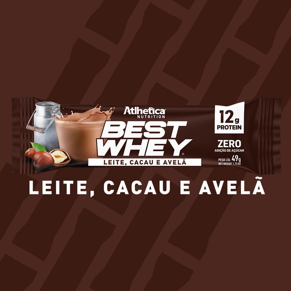 Barrinha Proteica Best Whey Bar 12g Leite, Cacau & Avela Atlhetica Nutrition Display 12 unidades de 49g