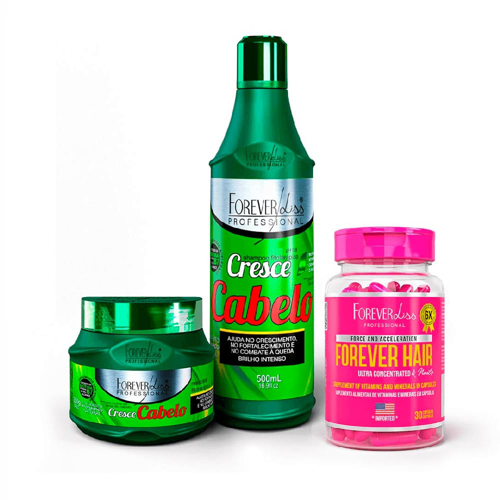 Kit Cresce Cabelo Forever Liss com Máscara 250g, Shampoo 500ml e Forever Hair 30 caps