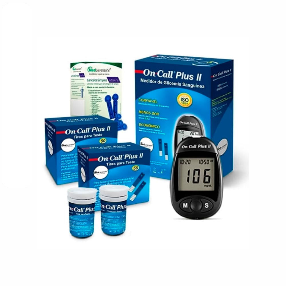 Monitor de Glicose + 100 Tiras de Glicose + 100 Lancetas On Call Plus II