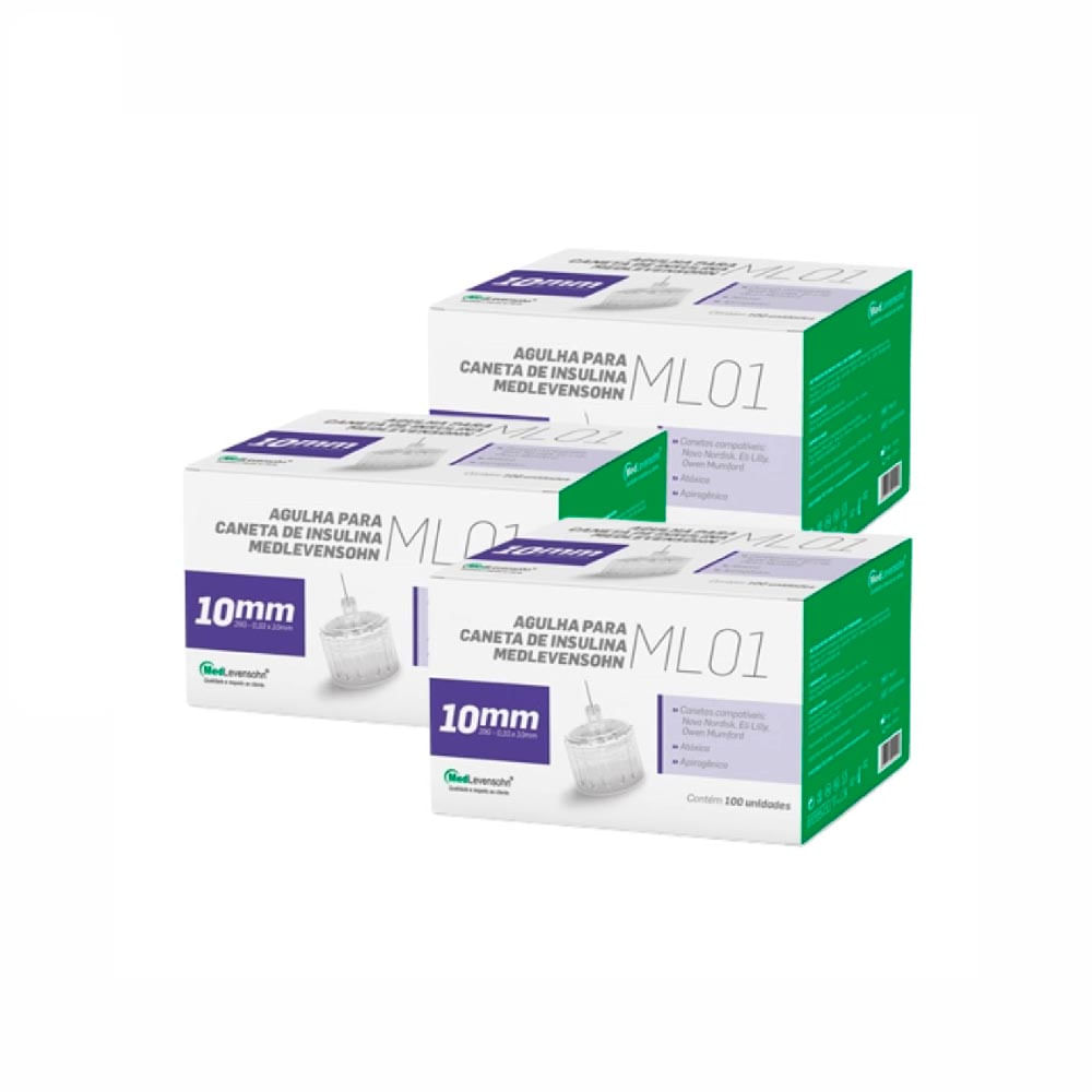 Kit com 3 Caixas de Agulha Caneta Insulina 10mm MedLevensohn