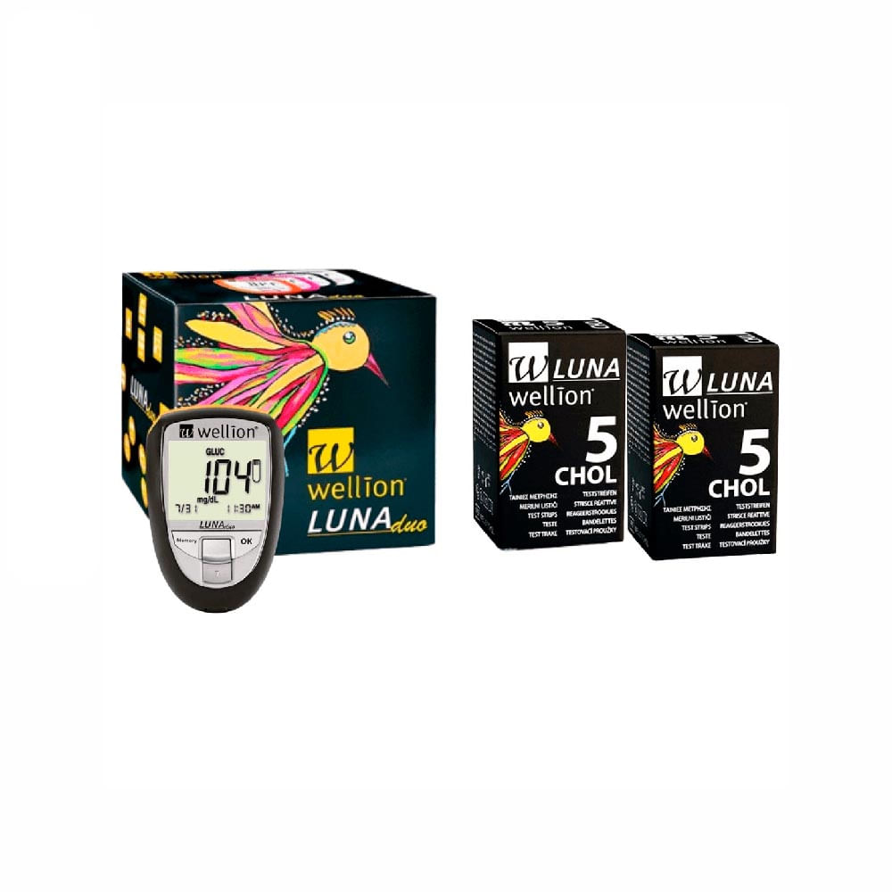 Medidor Colesterol e Glicose Luna Preto + 10 Tiras para Colesterol Wellion