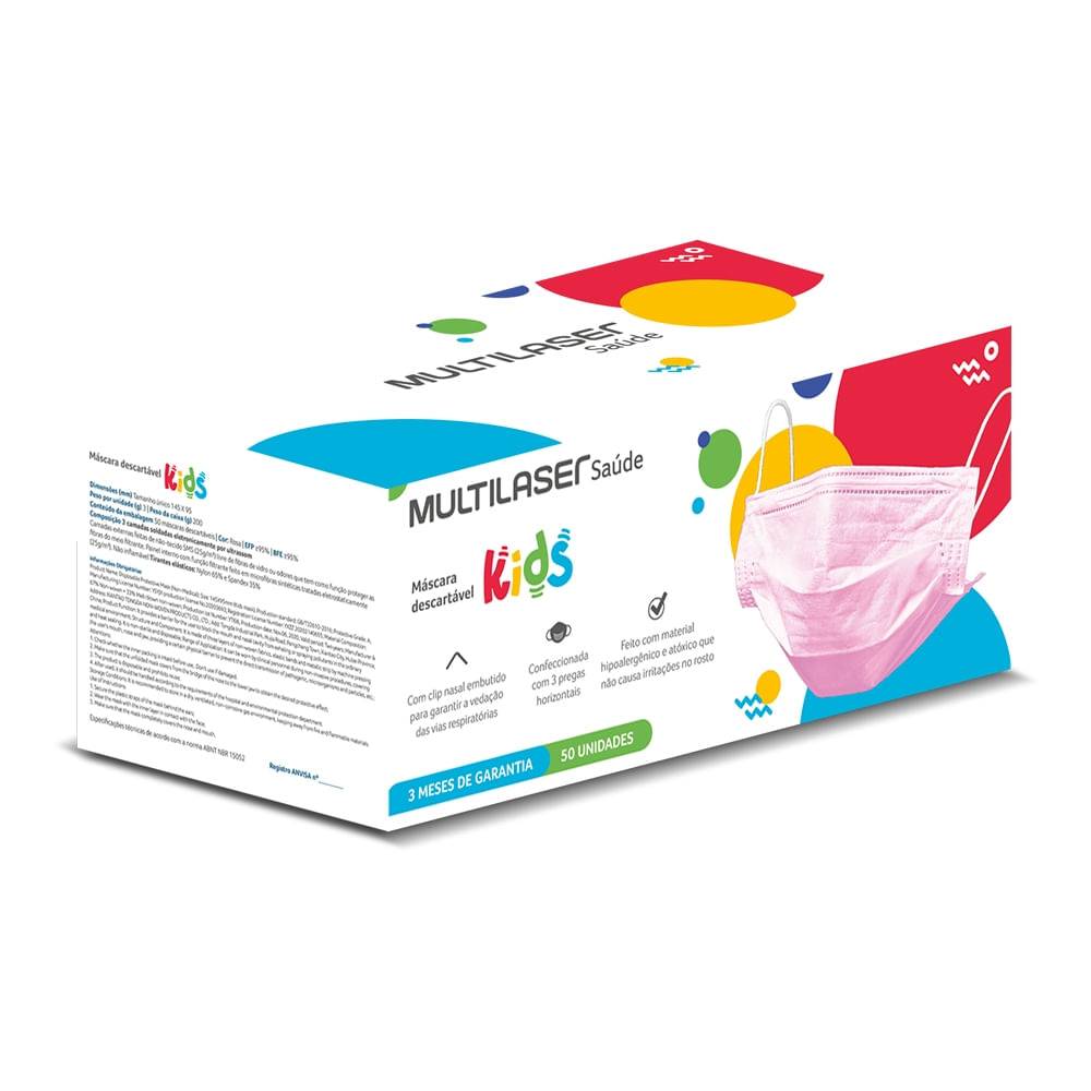 Máscara de Proteção Infantil Descartável 3 Camadas Rosa Cx com 50UN Multi Saúde HC654