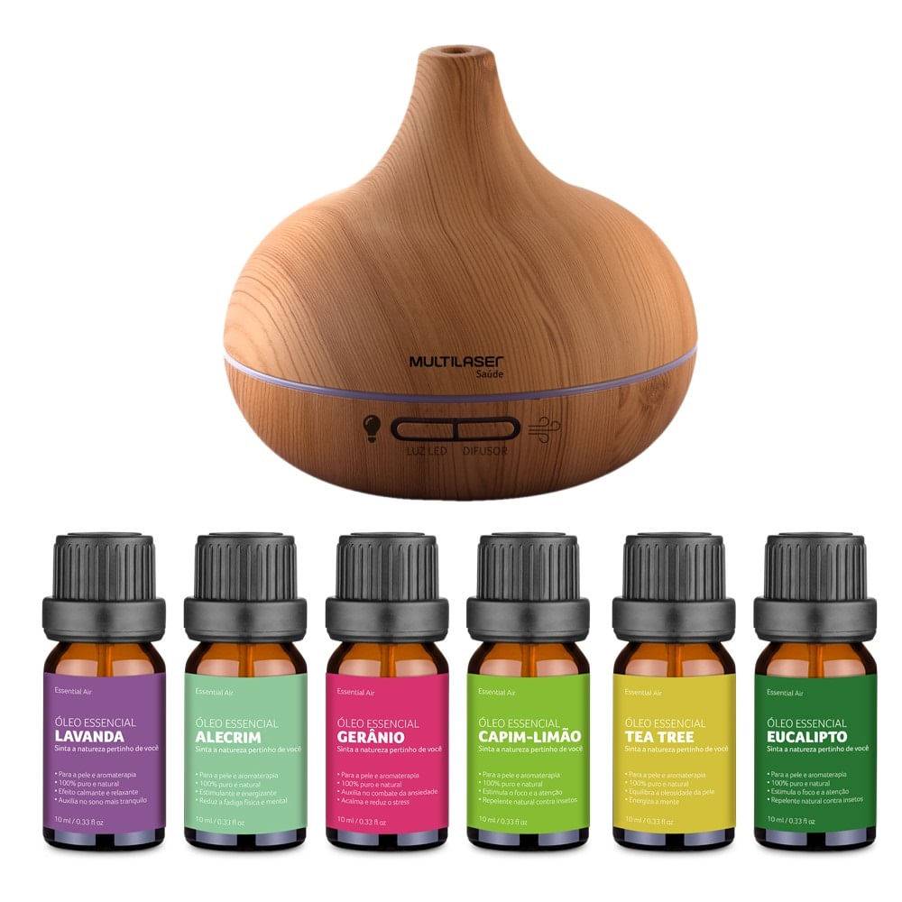 Combo Bem Estar Difusor de Aromas Natural Air e Kit Com 6 Óleos Essenciais Multilaser Saúde HC218K